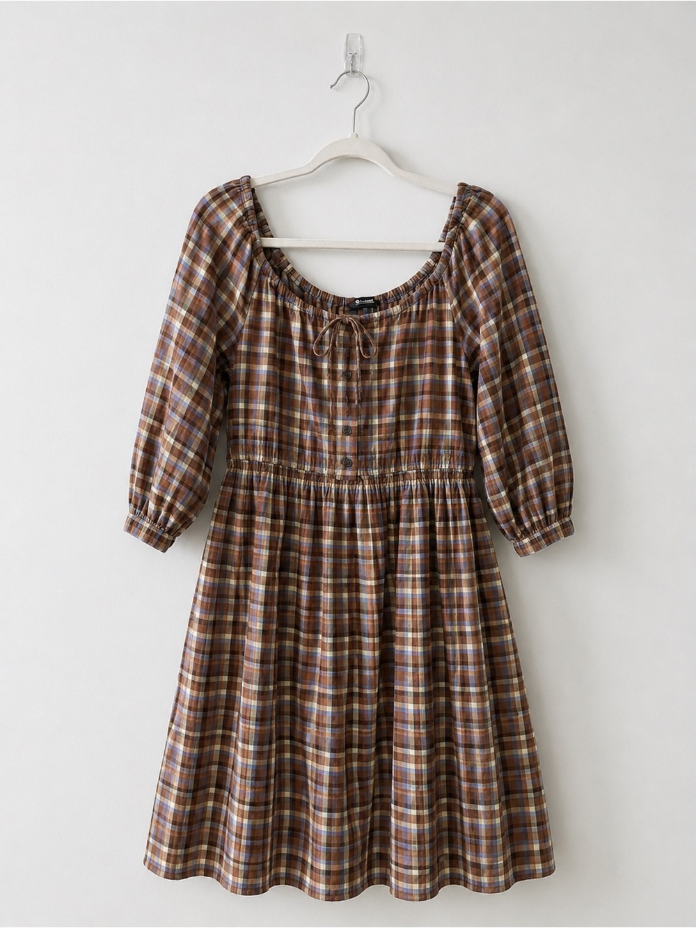 Madewell Brown Plaid Long Sleeve Peasant Dress - Picture 2 of 7